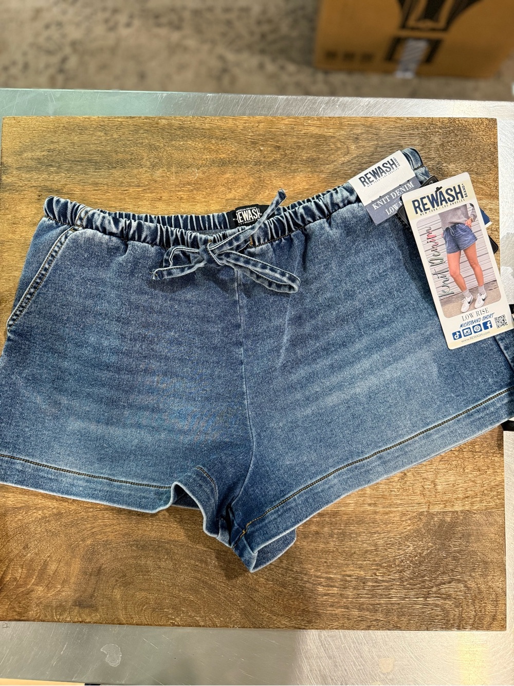 Rewash Blue Denim High-Waist Knit Jean Shorts